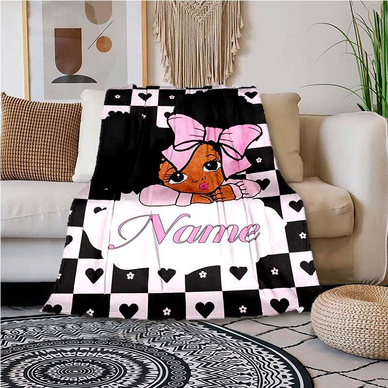 Black Girl With Bow Customize Your Name Blanket Used For Chair Office Sofa Bed Camping Soft And Warm Giving Friends And Relatives Birthday Graduation