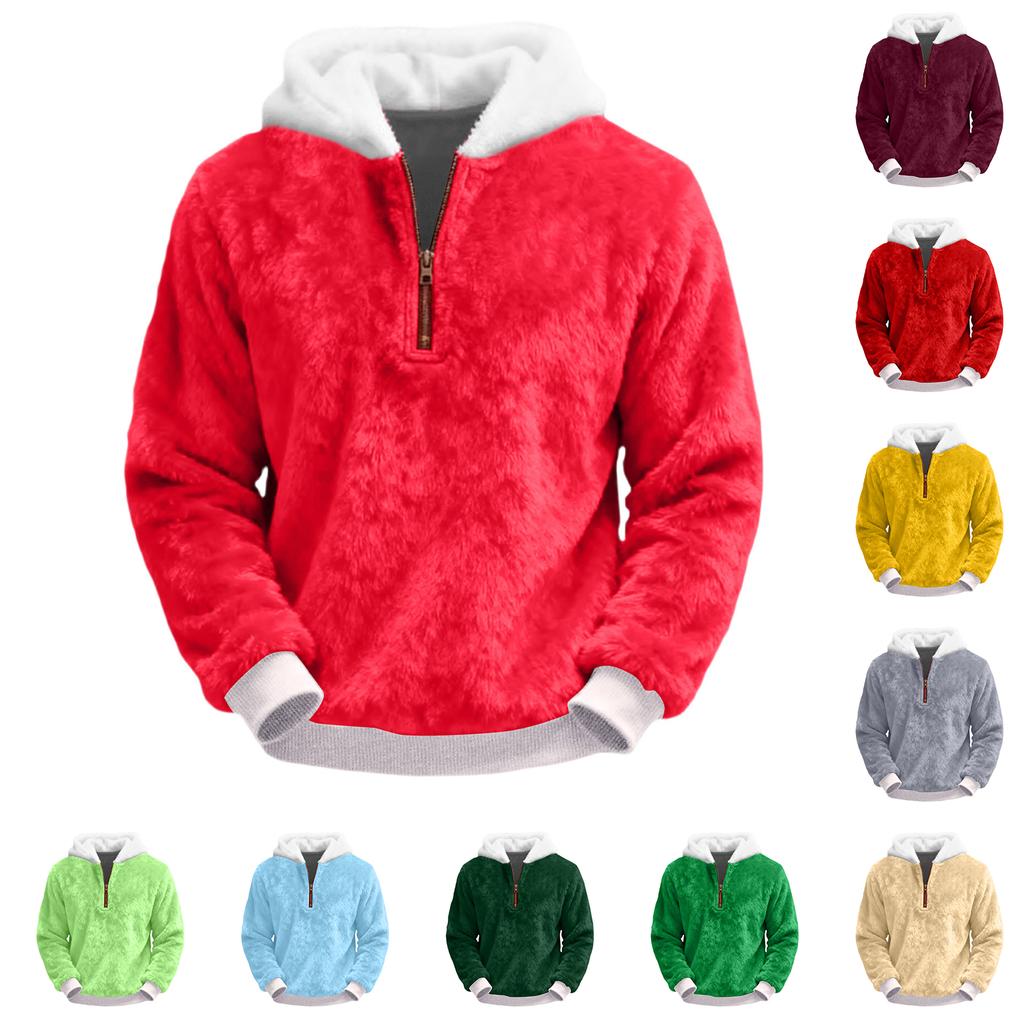 Pánská plyšová mikina s kapucí a polovičním zipem