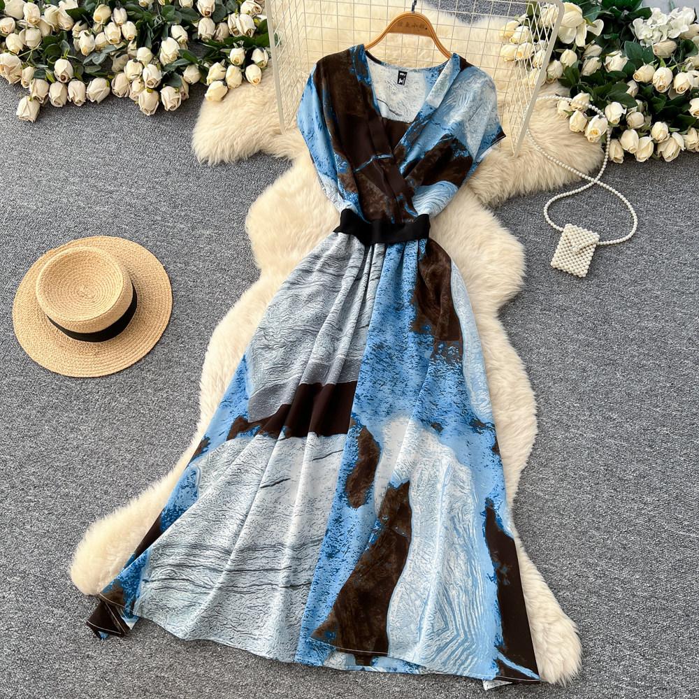 Commute Sleeveless Printed Dress Women Spring New High Waist Slim A Line Long Dress Luxury Design Sense