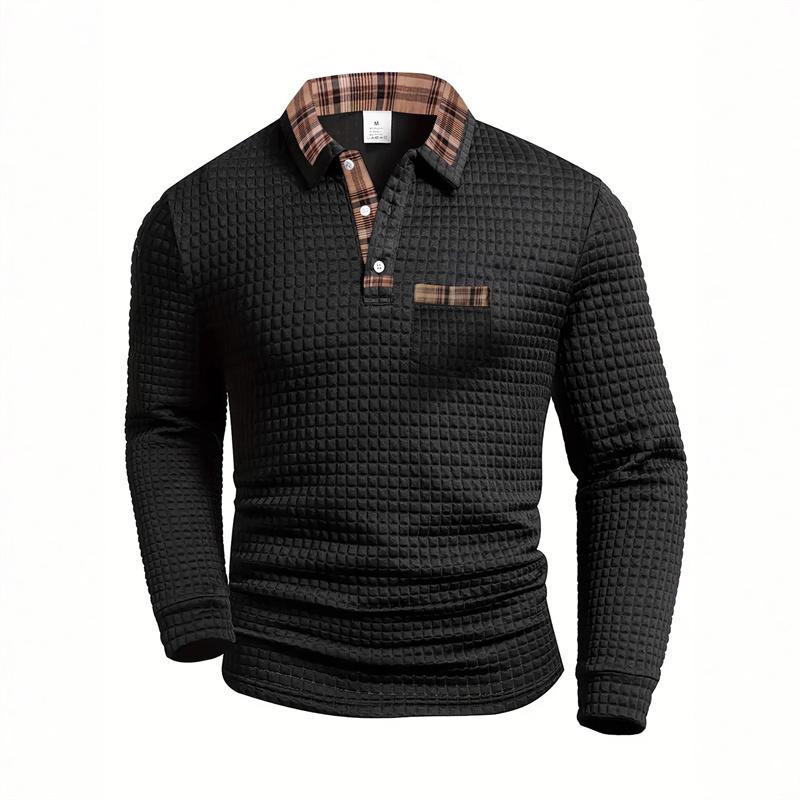 Herren Casual Polka Dot Jacquard Unifarben Langarm Poloshirt Kariert Patchwork Kragen Tasche Oberteil Lässiger Business Stil