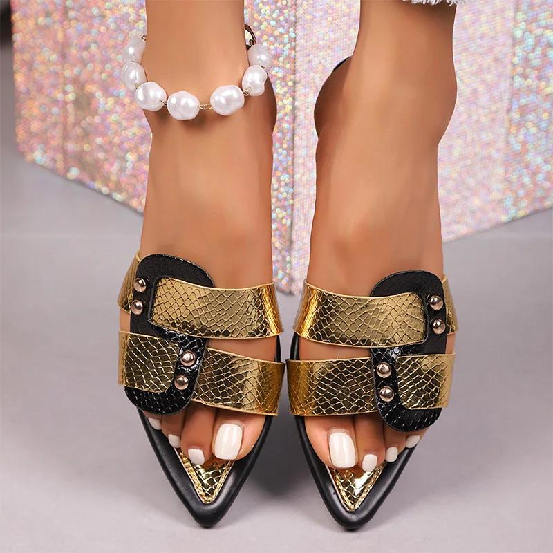 Fashion Gold Pu Leather Flat Sandals for Women Plus Size Fashion Rivet Pointed Toe Party Slippers Summer Light Comfort Non Slip Slippers