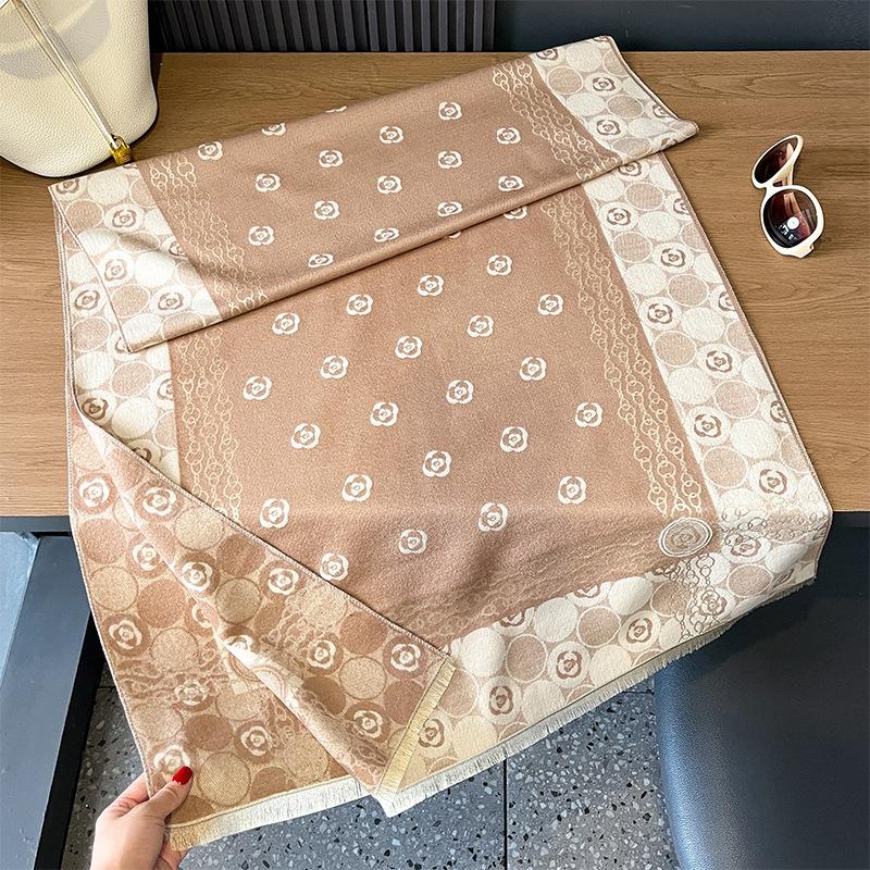Imitation cashmere scarf girl style simple camellia printing double-sided soft breathable advanced sense
