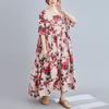 Summer New Literary Age Reduction Large Size Loose and Thin Printed Short-sleeved Long Dress with Pockets Over the Knee Skirt