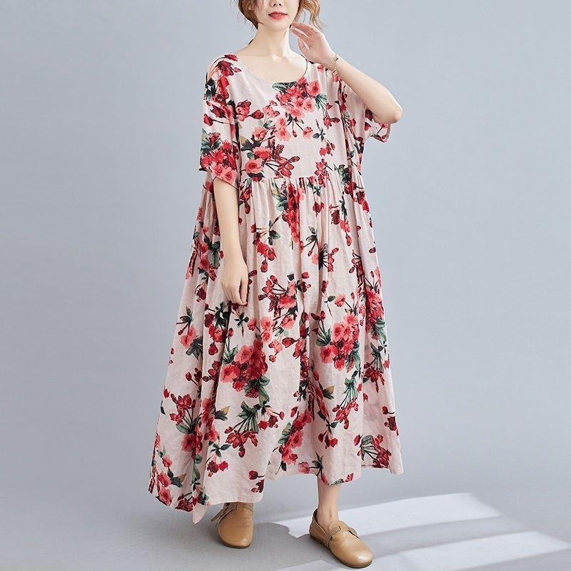 Summer New Literary Age Reduction Large Size Loose and Thin Printed Short-sleeved Long Dress with Pockets Over the Knee Skirt