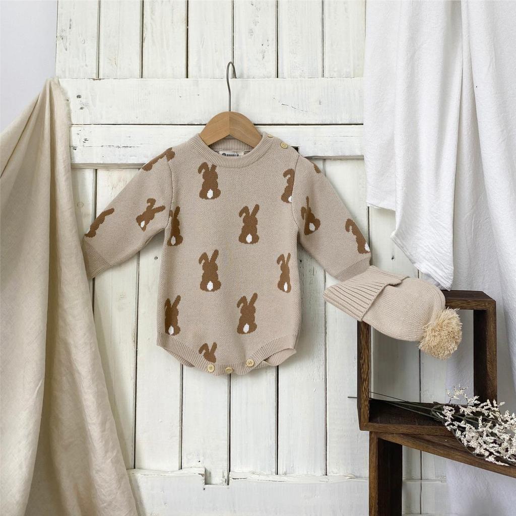 Baby Bunny Sweater Romper Set with Wool Pom-Pom Hat - Unisex, Long Sleeve