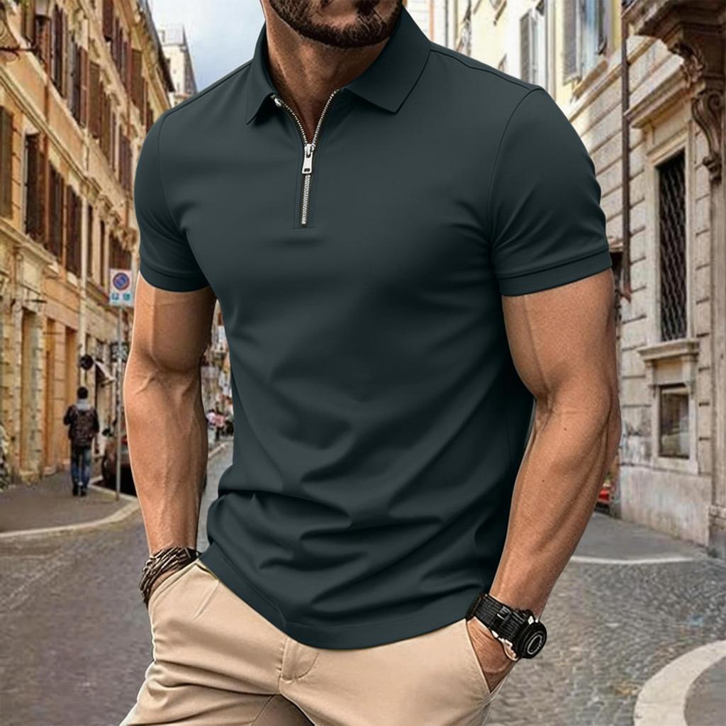 Herren Sommer Kurzarm Poloshirt mit Reißverschluss vorne Lässig Umlegekragen Leicht Atmungsaktives Oberteil