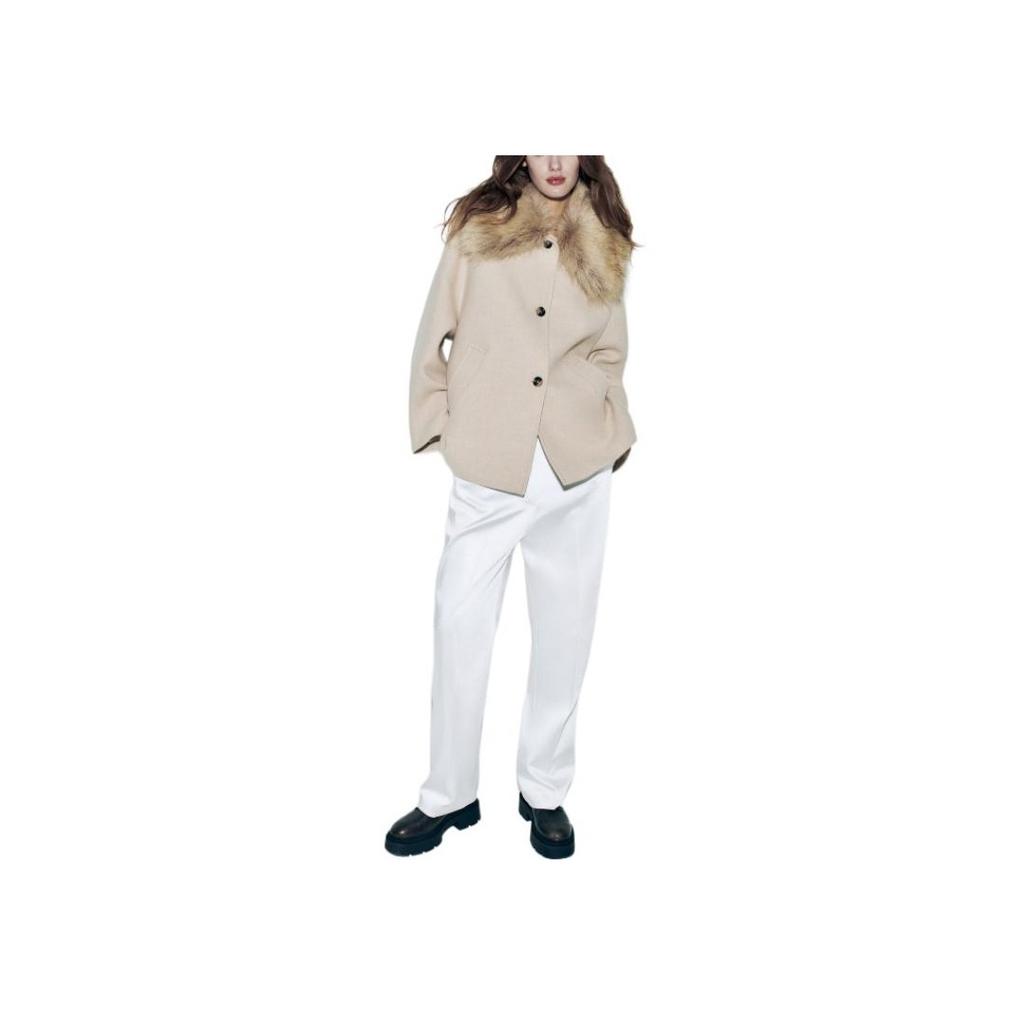 Zara Zw Series Single Breasted Minimalist Fur Collar Long Sleeve Coat Women coats Beige 2140762-710