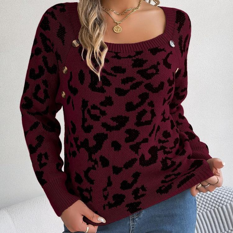 Vintage Leopard Color Cardigan Knitwear Long Sleeve Loose Sweater O Neck Top for Autumn Winter