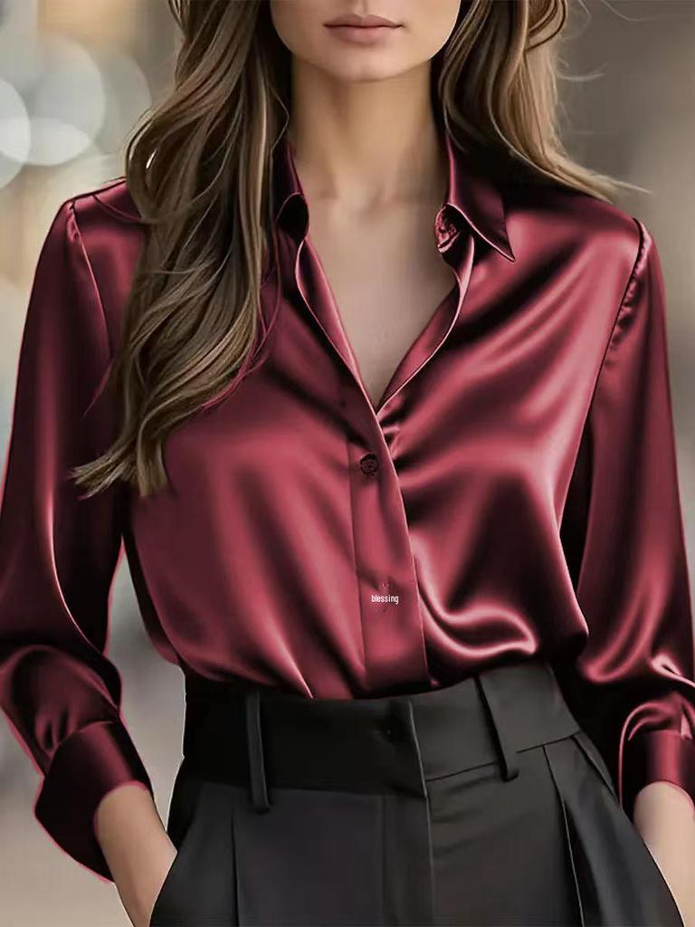 Autumn 2025 Elegant Satin Long Sleeve Button-Down Women's Shirt