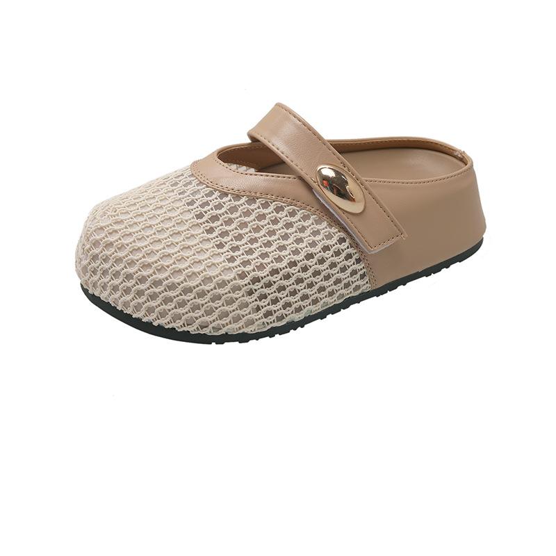 Hollow Fishing Net Crocheted Word Belt Mary Jane Slippers Women's Summer 2025 New Round Head Flat Ballet Shoes