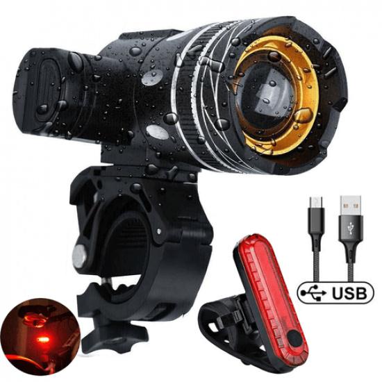 Bicycle LED Lamp Set, Front Bicycle Light Waterproof w/ Rear Light Rechargeable