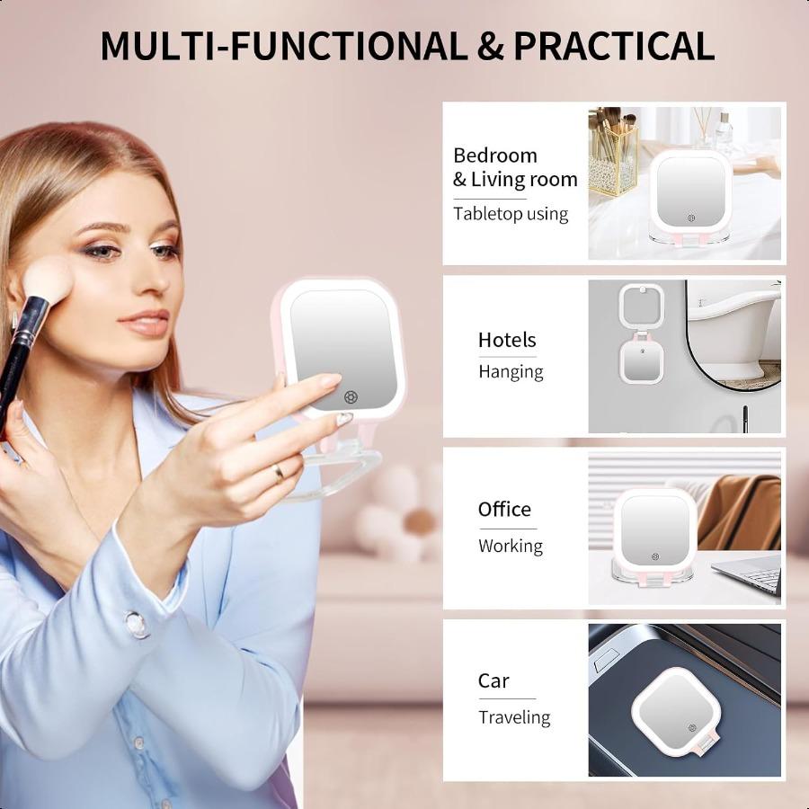 Travel Makeup Mirror with Light 1X 10X Magnifying Mirror with 3 Light Settings Adjustable Brightn Rechargeable Folding Compact