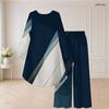 Women Plus Size Navy Blue Printed Round Neck Long Sleeve High Low Top Wide Leg Pants Two Piece Set