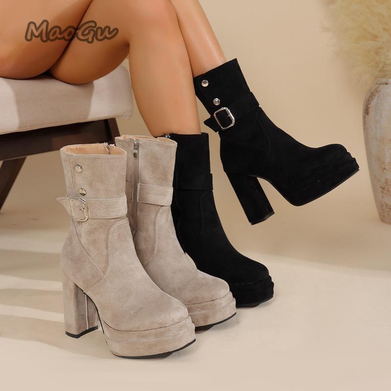 Vintage Platform Thick High Heel Women Ankle Boots Side Zip Autumn Winter Female Western Short Booties Zapatos De Mujer