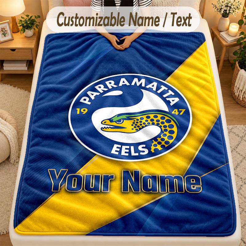 Flannel BlanketParramatta Eels Custom Name Text Personalized Soft Warm Throw Blanket Home Decor Gift