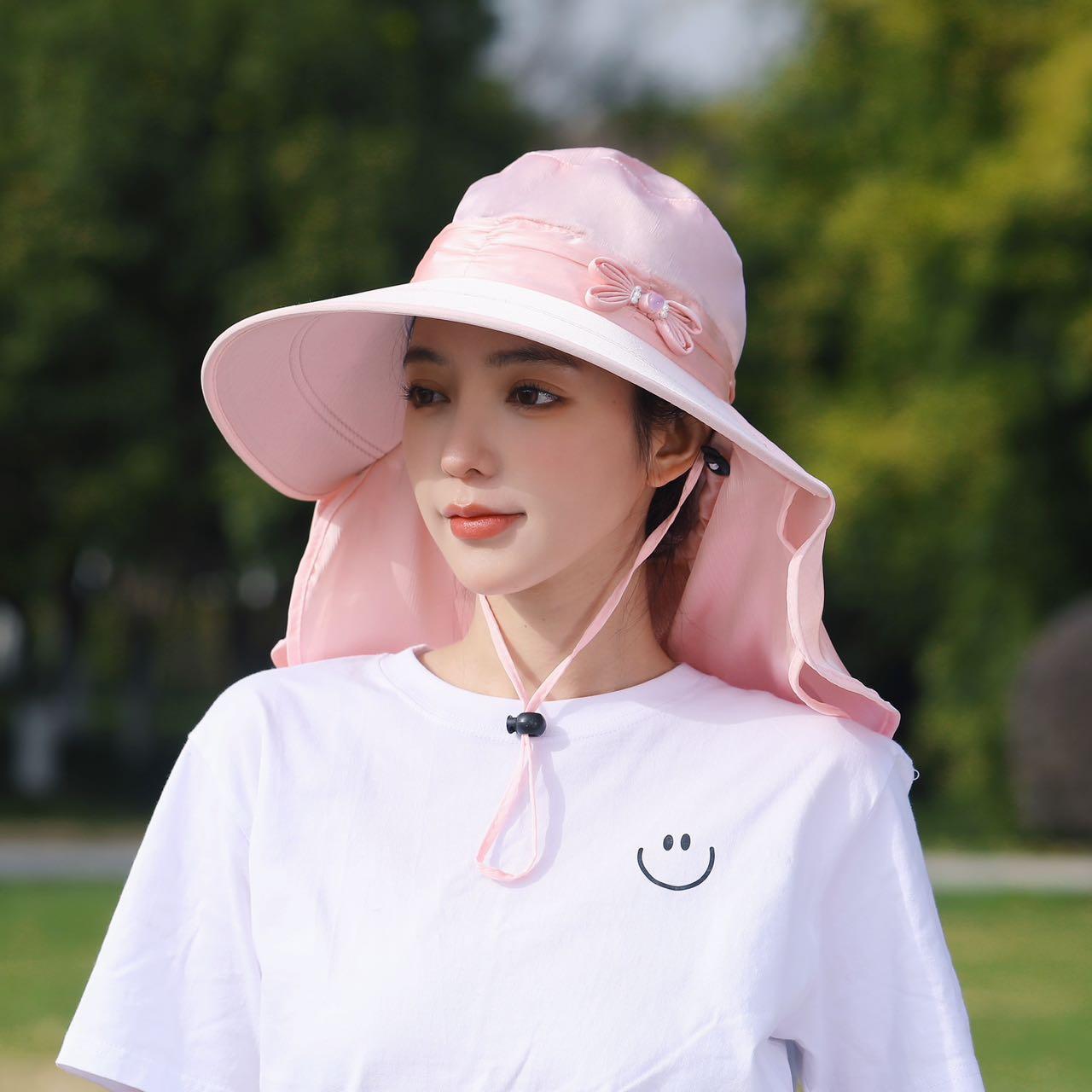 Ice Silk Sun Protection Women s Outdoor Hat with Face Mask - Breathable, Sweet Summer Style One Size розовый