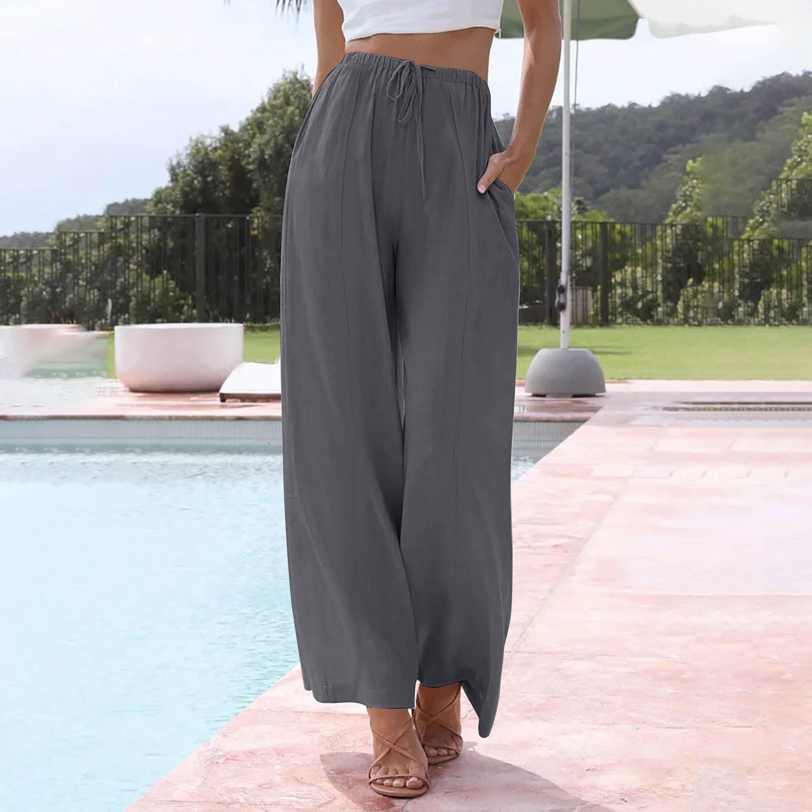 

Women s Casual Relaxed Fit High-Waisted Belted Pocket Cotton-Linen Blend Trousers XL