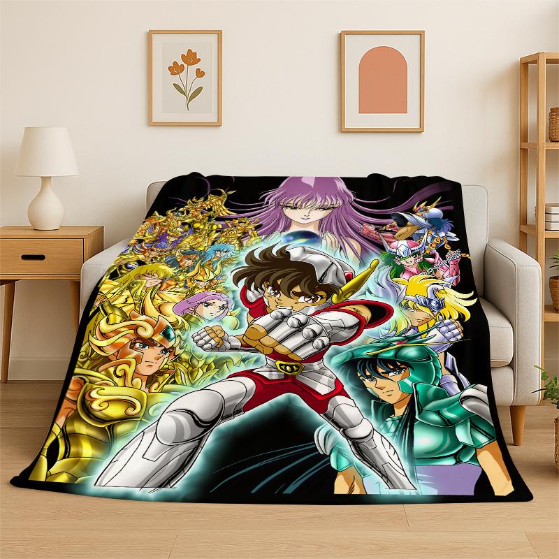 Retro Saint Seiya Anime Cartoon Flannel Blanket Soft Warm Throw Blanket for Bedroom Living Room Bed Travel Camping Picnic Gift