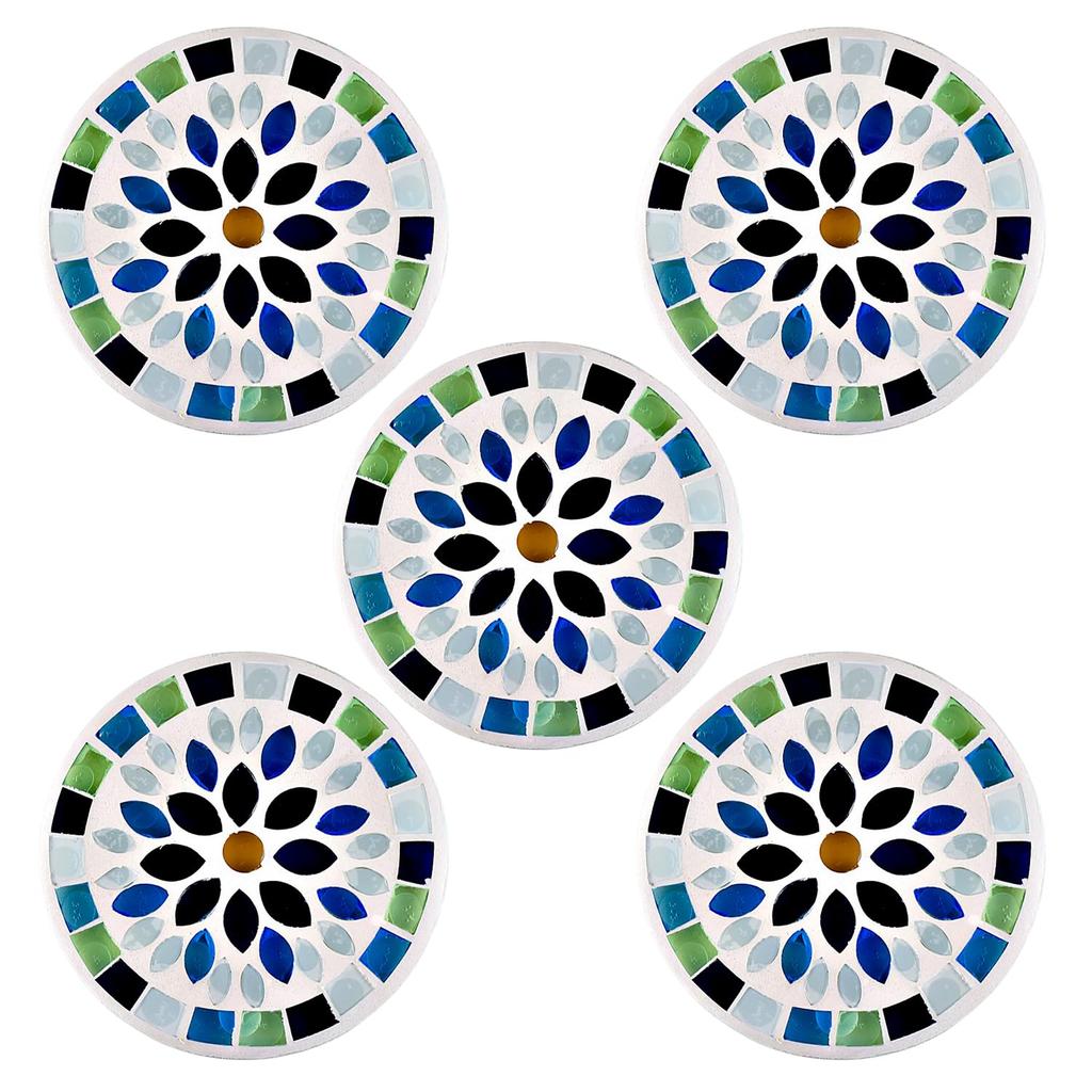 Fourcart Cute Handmade Glass Mosaic Coasters, Flower Blue, Set of 5