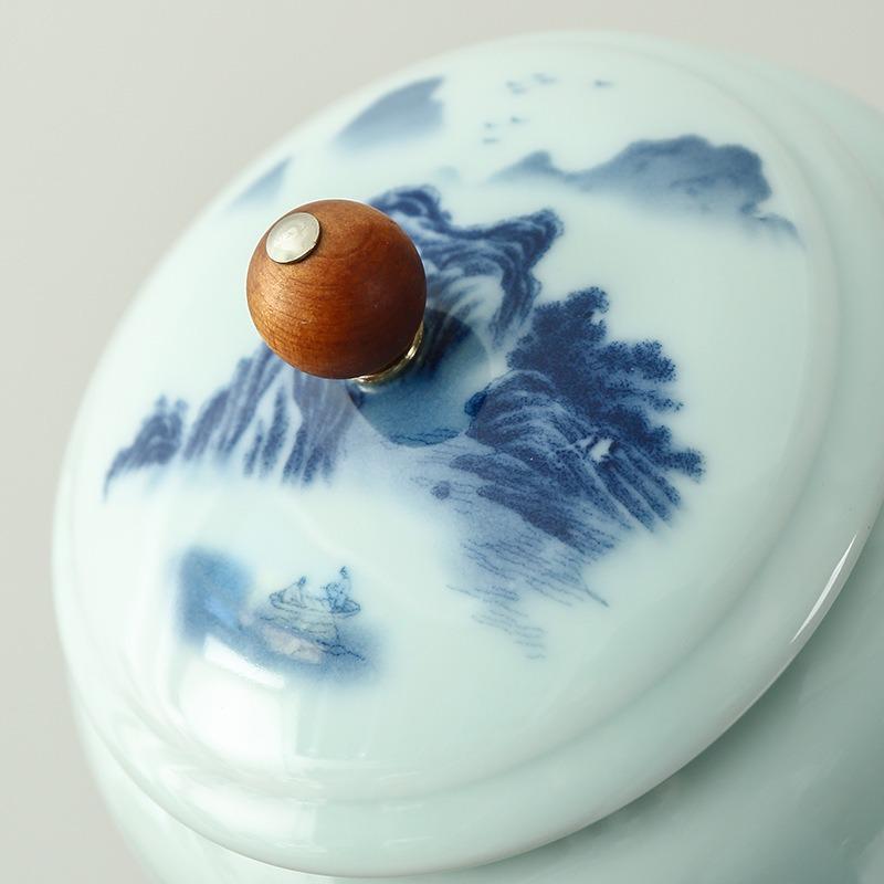 Chinese style retro ceramic blue and white tea jar, home decoration flower tea sealed storage without cross flavor