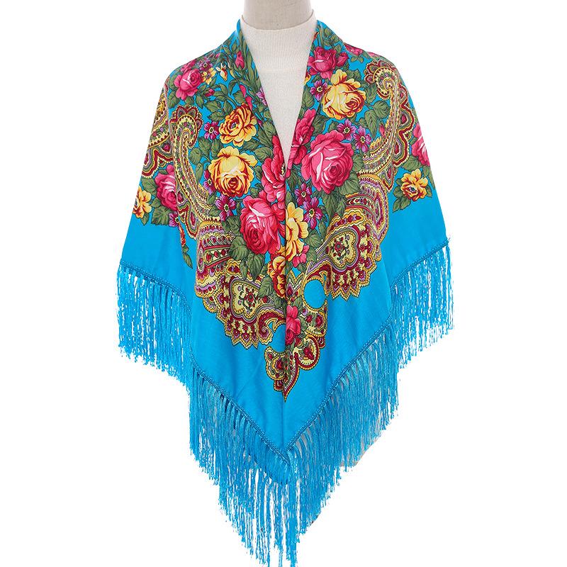 135*135cm Women Russian Style Big Square Scarf Shawl Retro Fringed Cotton Print Scarves Hijab Wraps Ethnic Shawls Bandana