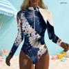 Women Plus Size High Neck Front Zip Long Sleeve One Piece Firework Printed Swimsuit Dark Navy