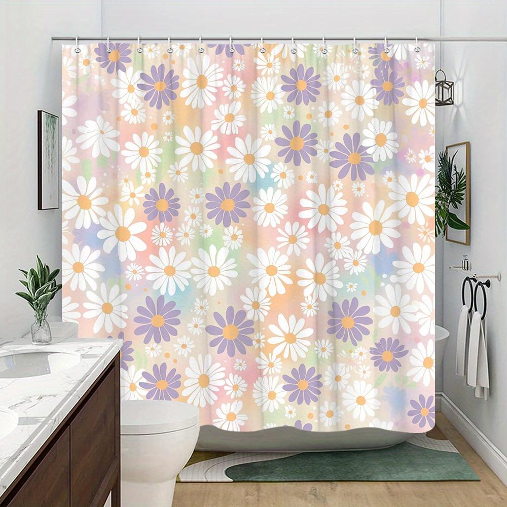 Pastel Daisy Curtain, White-Purple Daisies, Soft Design, Washable