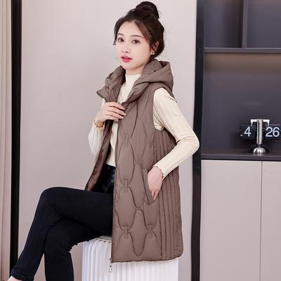 Autumn and Winter New Rhombus Grid Down Cotton Vest Women's Medium and Long Loose Hooded Vest