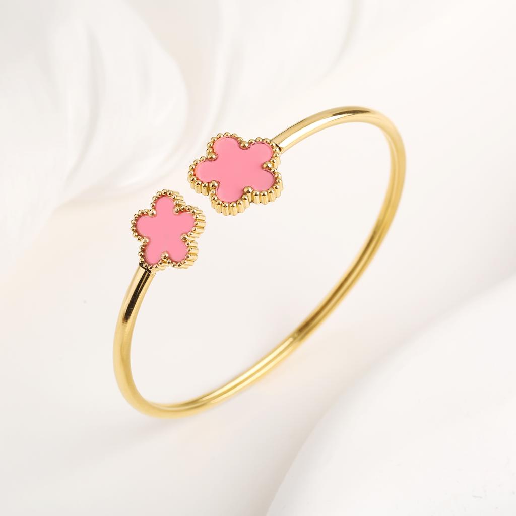 New Creative Stainless Steel Five-Leaf Flower Open Bangle Temperament For Woman Party Birthday Zircon Gift Daily Wear Clover