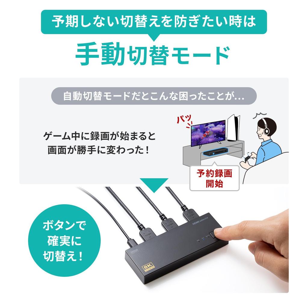 SANWA SUPPLY Switch HDMI Compatível com 8K SW-HDR8K21L (2 Entradas, 1 Saída)
