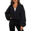Women's Zip Drawstring Fleece Short Jacket Full Hem Stand Collar Warm