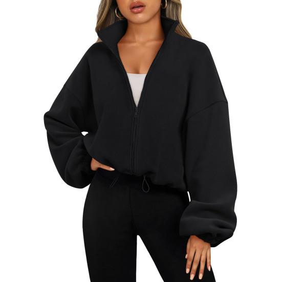 Women's Zip Drawstring Fleece Short Jacket Full Hem Stand Collar Warm