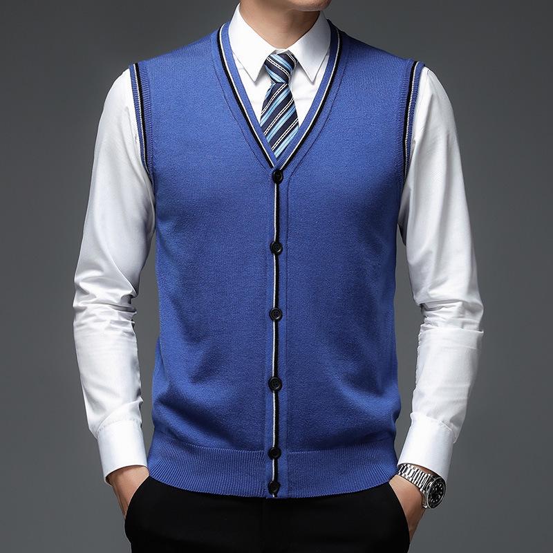 

Men s Middle-Aged V-Neck Wool Vest: Knitted Cardigan, Pure Cashmere Sleeveless Sweater for Autumn and Winter. L
