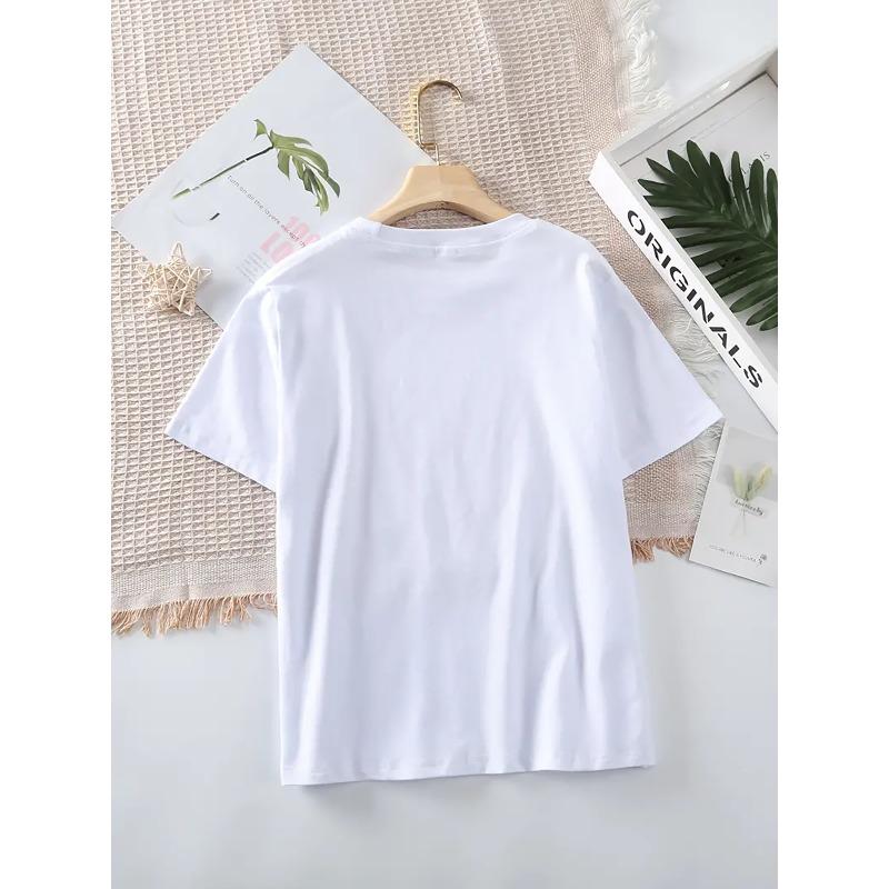European Sizes Loose And Casual Round-Neck Short-Sleeve T-Shirt for Girls, Cartoon Letter Pattern Print, Easy And Stylish Comfortable And Stretchy