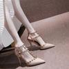 Sandali Donna Tacco Alto Stiletto Punta Acuta Borchie Primavera Estate Fascia Caviglia con Fibbia Bocca Bassa Antiscivolo