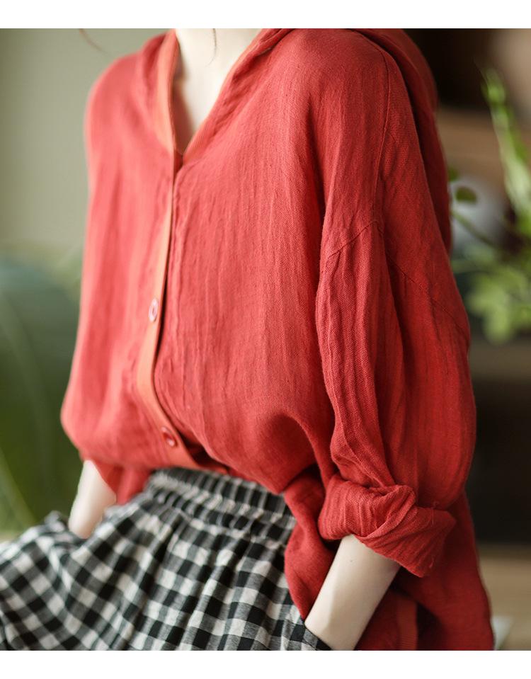 Sommar Retro Bomull Linne Huvförsedd Kofta: Solskyddstopp med lång ärm i plusstorlek