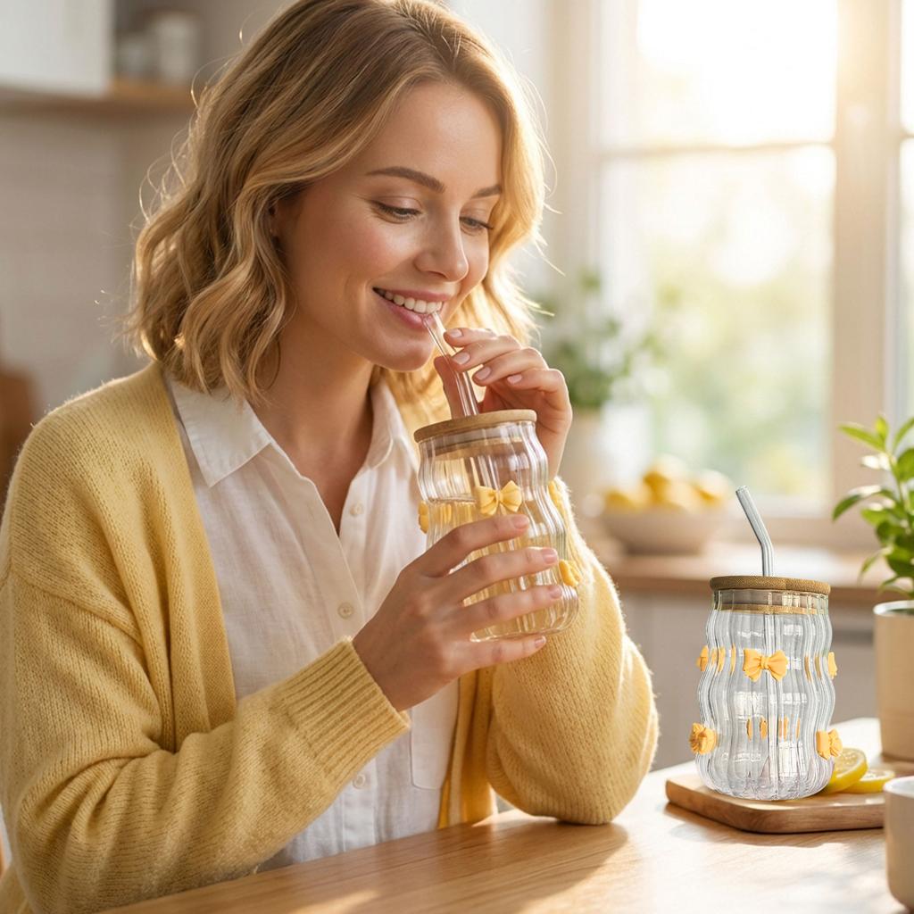 Bowknot Glasses Ribbed Glass Cups With Lids Straws And Bow For Iced Coffee 15oz Ideal Wavy Coffee Cups With Straws Glass Clear Ribbed Glasses