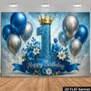 Painel 2D Príncipe 1º Aniversário - Banner Floral Azul com Coroa para Sessão de Fotos do 1º Aniversário de Menino