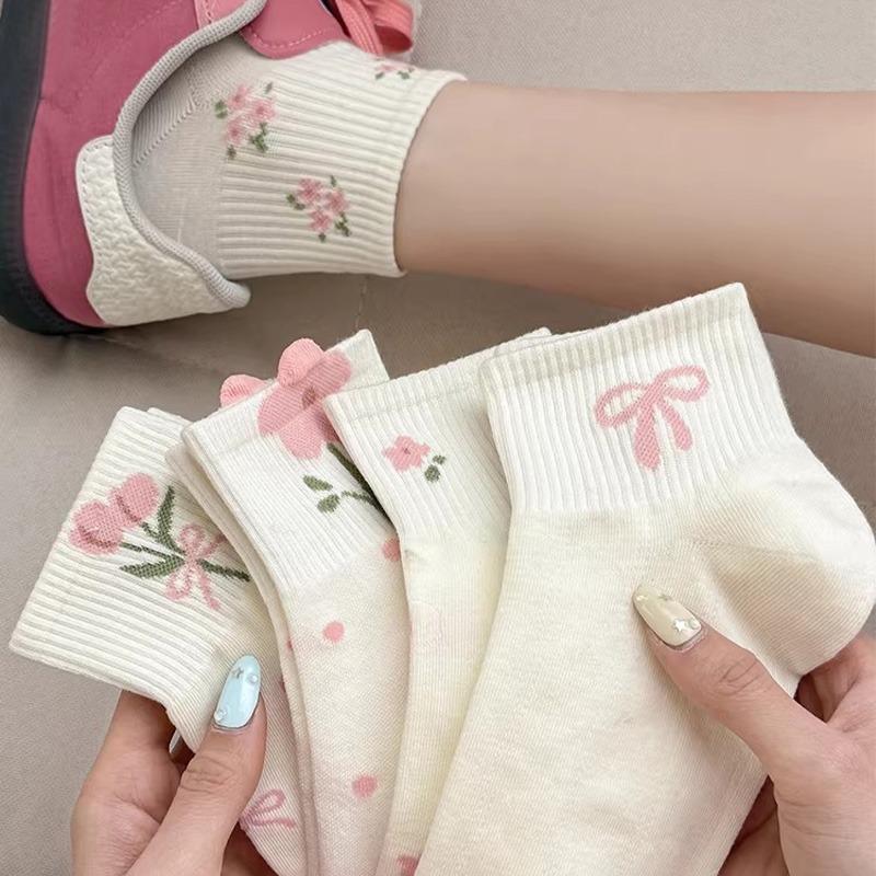 1-5 paia Calzini Corti Harajuku con Stampa Floreale a Pois per Bambini Primavera Estate Cotone Calzini da Donna Traspiranti Morbidi Carini Calzetteria