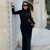 Sexy Mock Neck Side Split Long Dresses Women Slim Elegant Long Sleeved Package Hip Dress Spring Solid Evening Party Robes