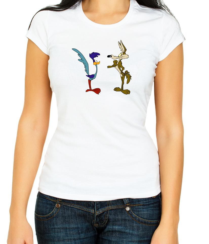 

Coyote Road Runner Cartoon White/Black Women s 3/4 Short Sleeve T-Shirt P117 3XL