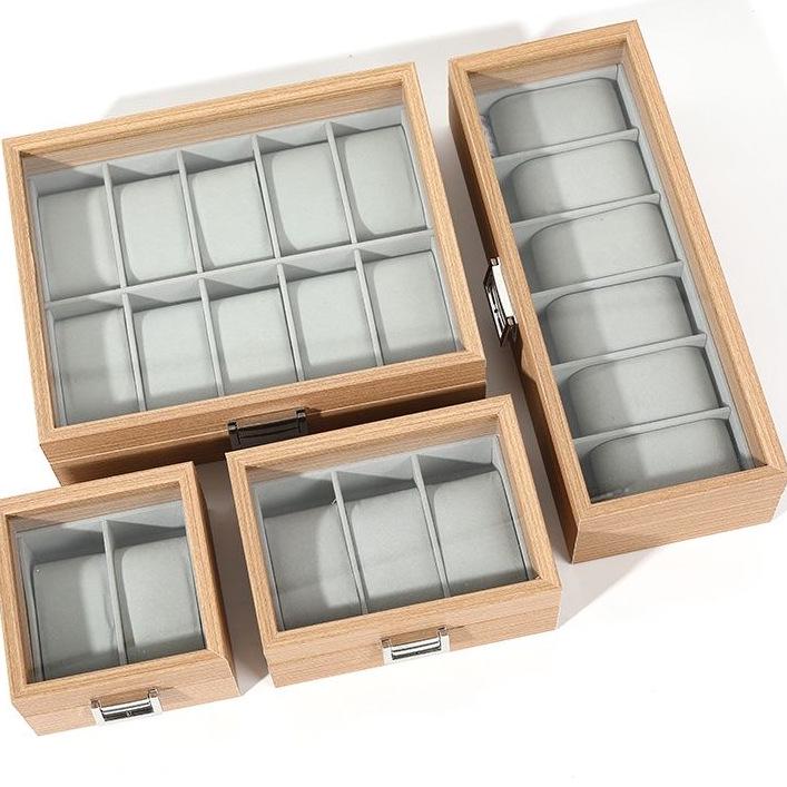 Large-Capacity Wooden Watch Display Box with Glass Lid