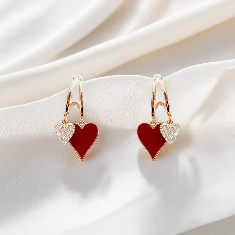 2 Elegant Red Heart Double Heart Silver Needle Pendant Earrings with Unique and Simple Design for Women To Wear