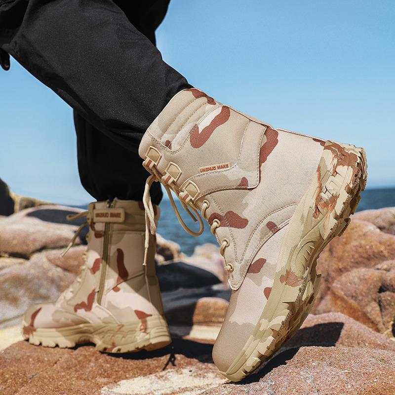 Men Hiking Shoes High-top Comfortable Combat Boots Men Outdoor Thick-soled Laced Anti-slip Casual Men's Shoes