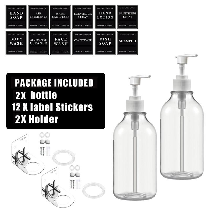 Flacon de loțiune transparentă de 500 ml Flacon reîncărcabil cu etichete cu flacon de loțiune Suporturi de perete Balsam șampon