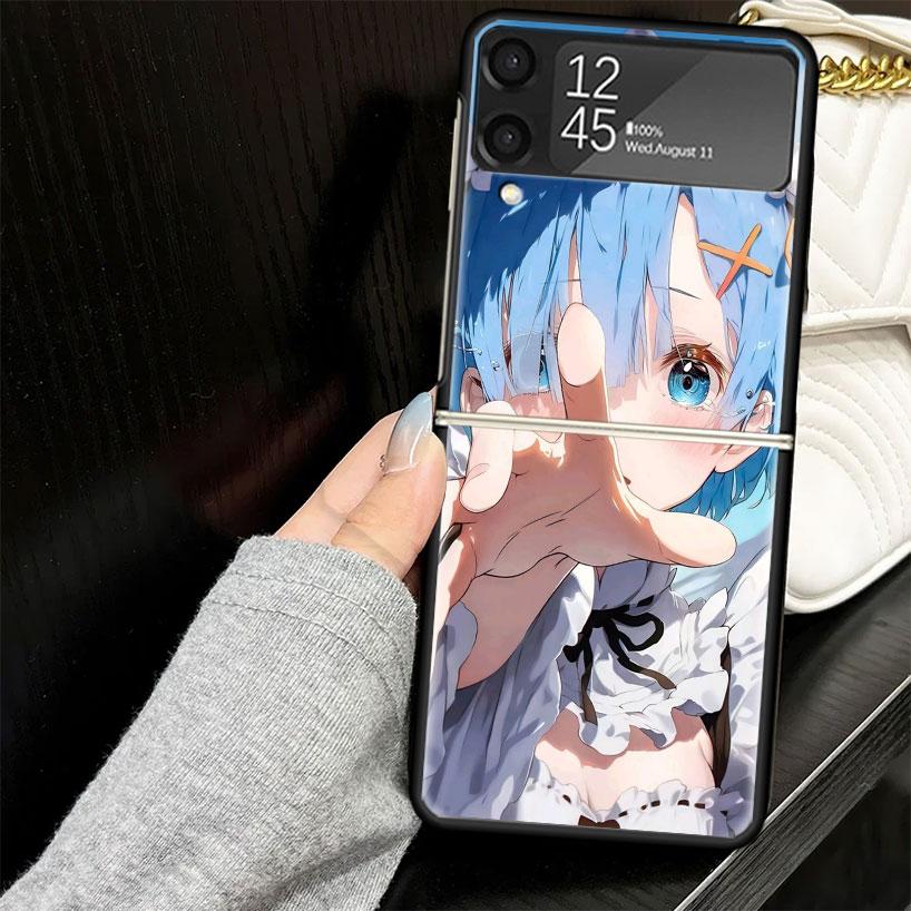 R-Rem Re Zero Anime Case for Samsung Galaxy Z Flip7 Flip6 Flip5 Flip4 Flip3 5G Hard Phone Shell Z Flip 7 6 5 4 3 Black Cover