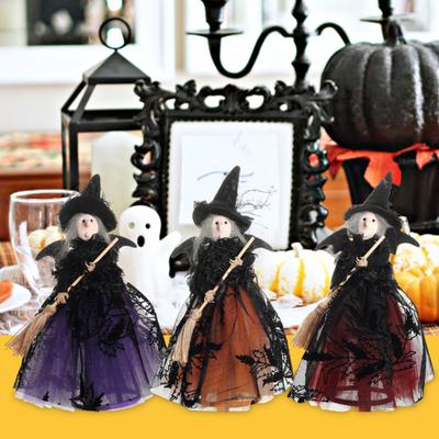 Halloween Witch Doll with Broom Small Witch Figurine with Gauze Skirt Spooky Table Centerpiece for Home Bedroom Desktop Decor