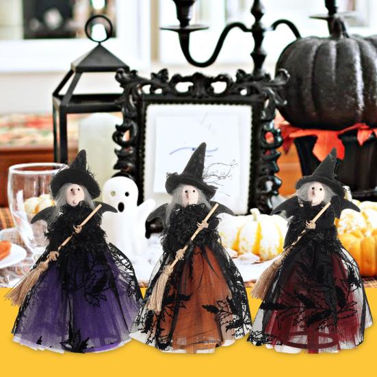 Halloween Witch Doll with Broom Small Witch Figurine with Gauze Skirt Spooky Table Centerpiece for Home Bedroom Desktop Decor