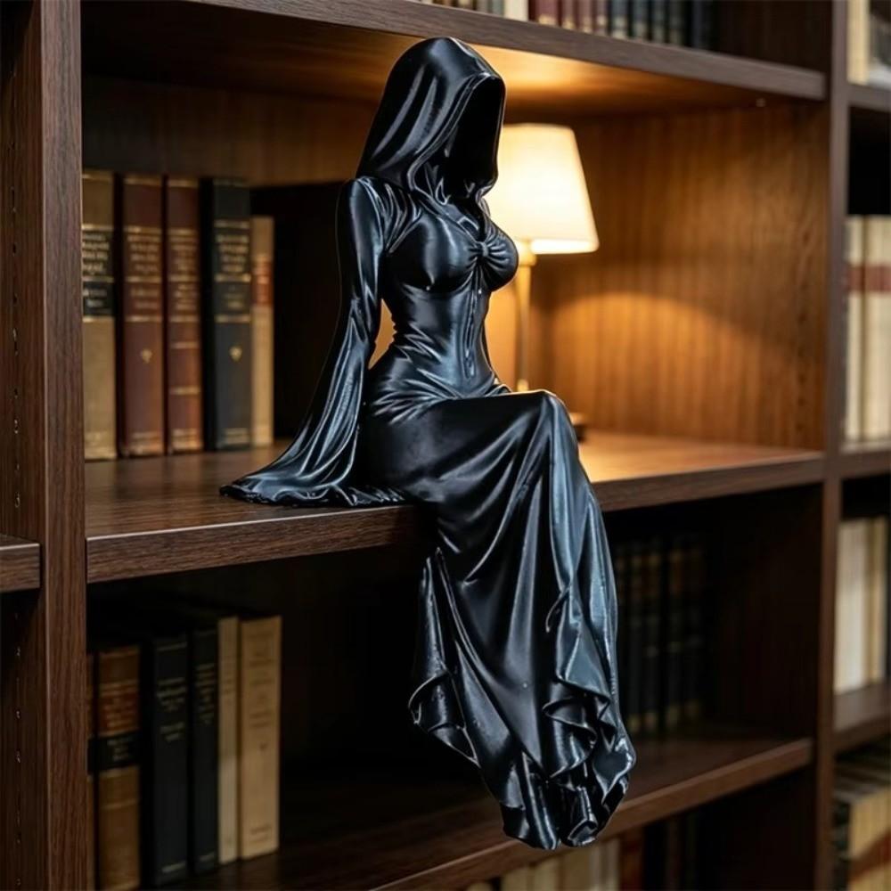Gothic Style Sitting Pose Lady Sculpture 3D Printed Hooded Woman Statue Home Decor