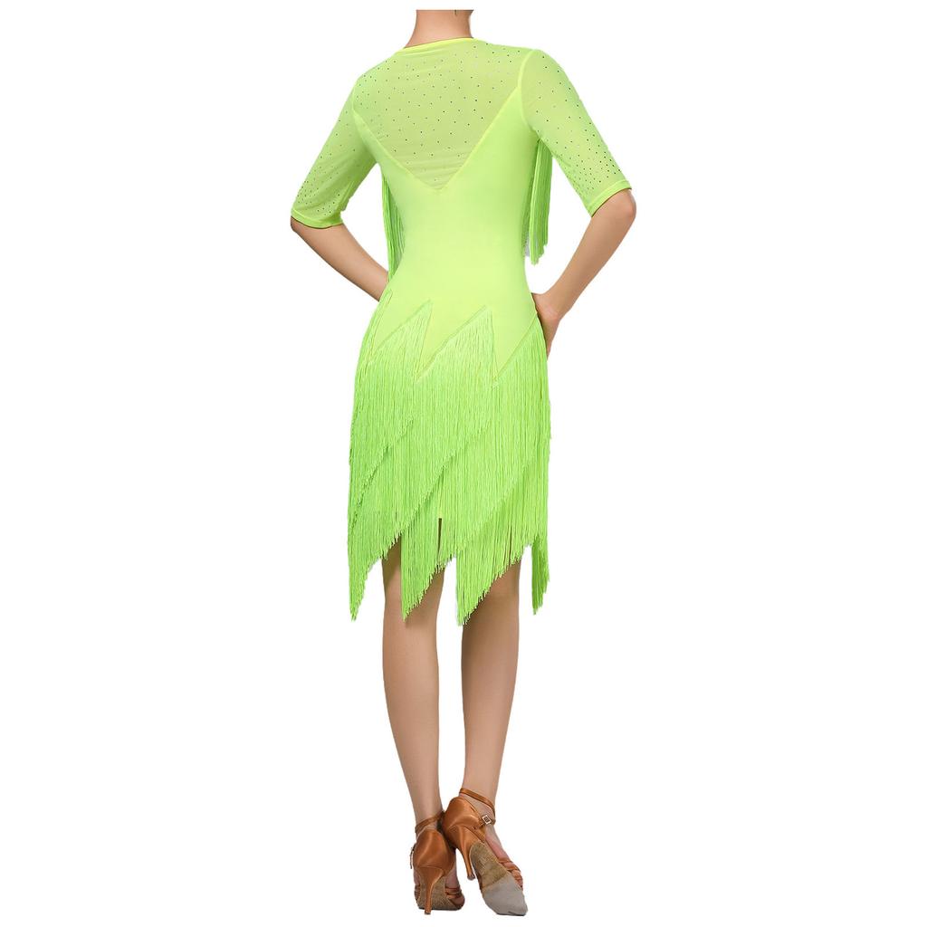 Ladies Glittery Rhinestone Tassel Dress Mesh Patchwork Short Sleeve Irregular Hem Fringe Latin Tango Chacha Dance Dress